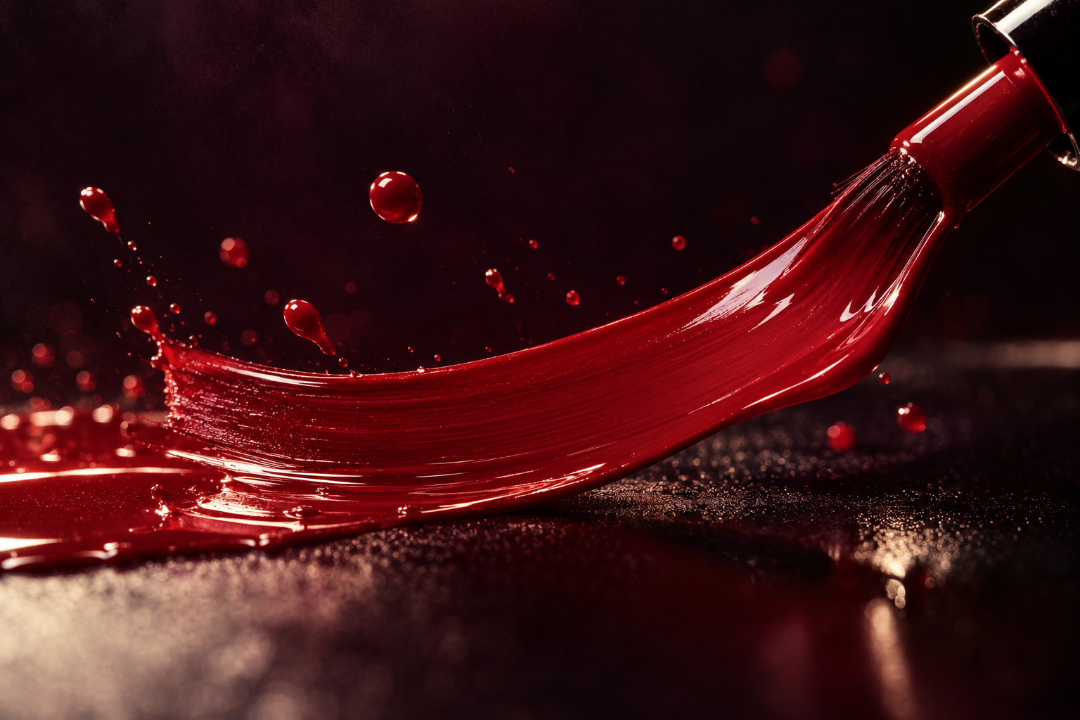 A brush stroke of glossy red lacquer arcing across a dark surface